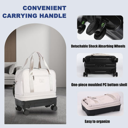 Rolling Duffle Bag with Detachable Shock Absorbing Wheels, Expandable Foldable Suitcase for Travel,Collapsible Luggage Carry on Duffel Overnight Weekend Bags