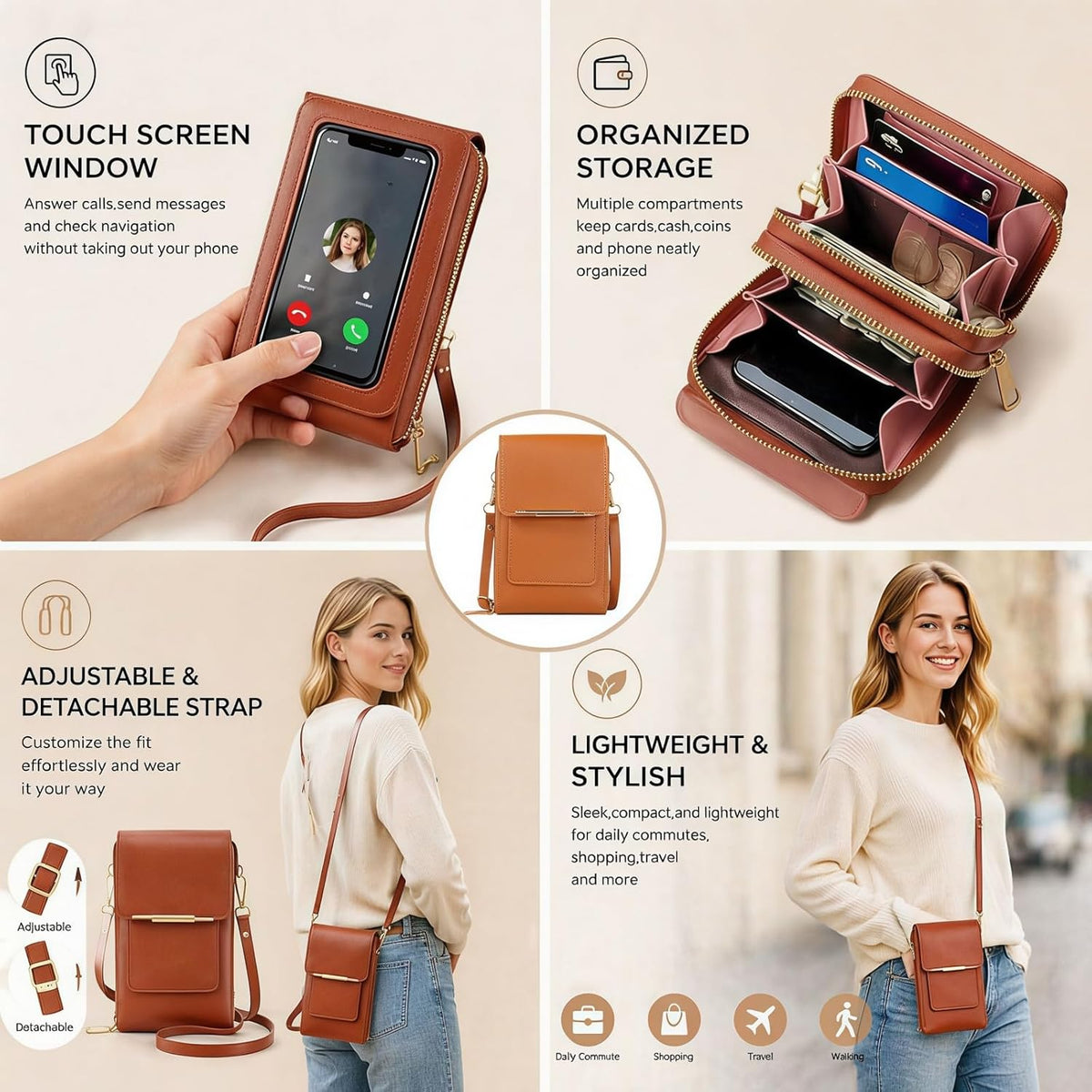 Touchscreen Crossbody Bag, RFID Anti-Theft Phone Purse, Multi Pocket Leather Bag with Adjustable Strap for Women