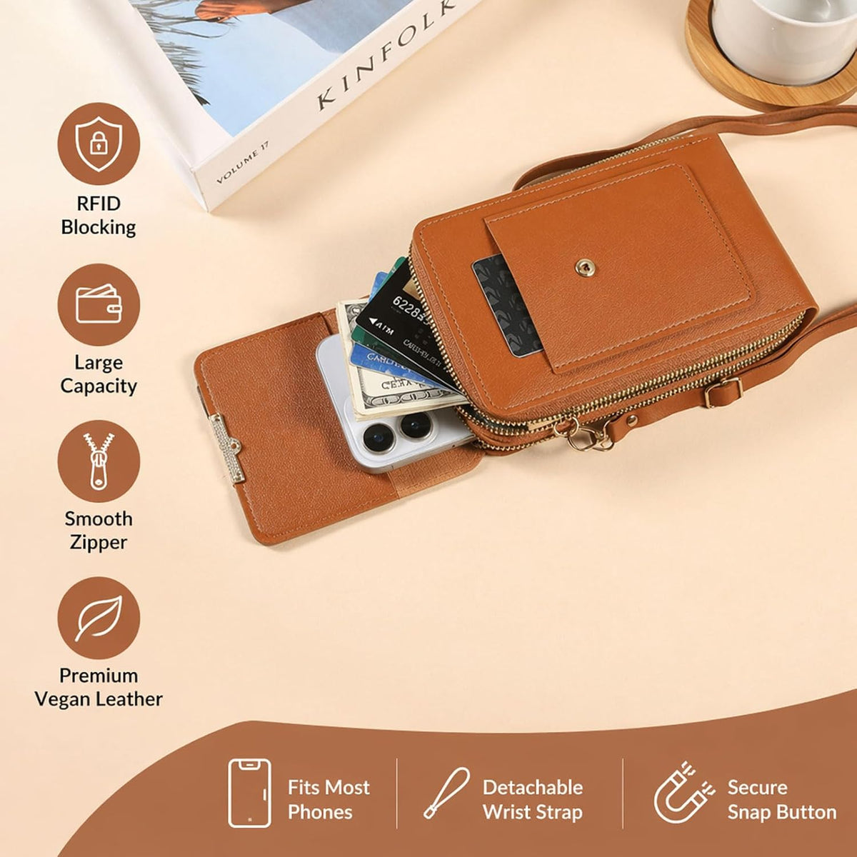Touchscreen Crossbody Bag, RFID Anti-Theft Phone Purse, Multi Pocket Leather Bag with Adjustable Strap for Women