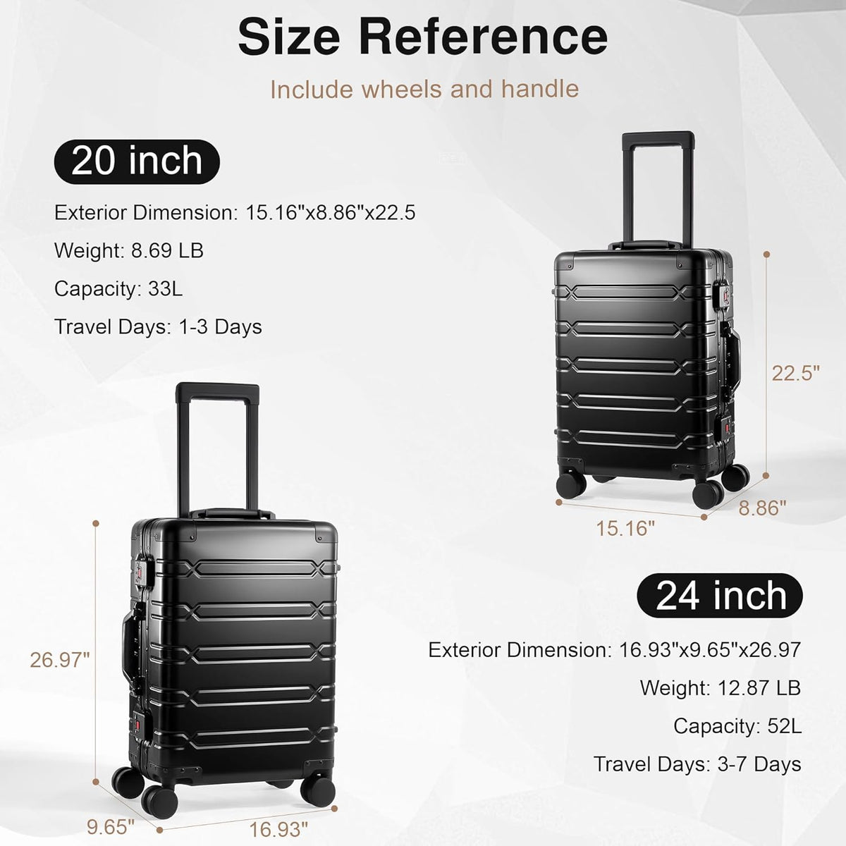 All Aluminum Carry On Luggage 22x14x9 Airline Approved，Zipperless Luggage Premium Aluminum Suitcase Luggage, Hard Shell Carry On Luggage with Spinner Wheels (black, 20inch)