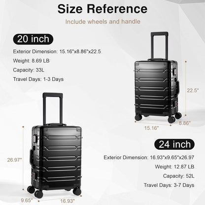 All Aluminum Carry On Luggage 22x14x9 Airline Approved，Zipperless Luggage Premium Aluminum Suitcase Luggage, Hard Shell Carry On Luggage with Spinner Wheels (black, 20inch)