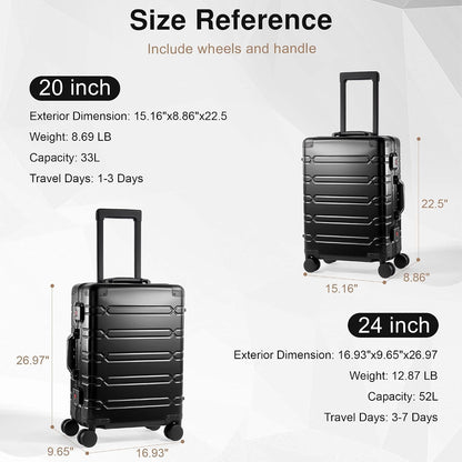 All Aluminum Carry On Luggage 22x14x9 Airline Approved，Zipperless Luggage Premium Aluminum Suitcase Luggage, Hard Shell Carry On Luggage with Spinner Wheels (black, 20inch)