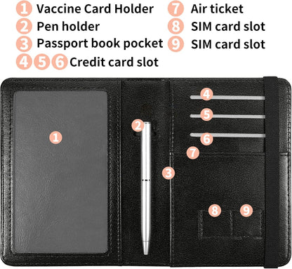 Passport Case and CDC Vaccine Card Holder Combo, Skull Skeleton Leather Wallet RFID Blocking Elastic Strap Passport Holder with Credit Card Slots, Travel Organizer Document Plus a Pen