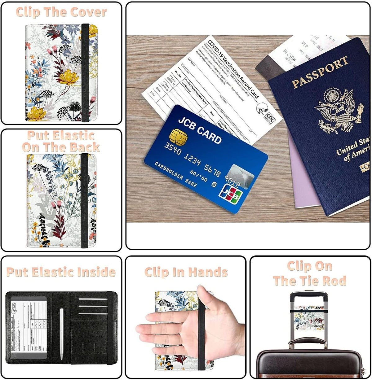 Passport Case and CDC Vaccine Card Holder Combo, Skull Skeleton Leather Wallet RFID Blocking Elastic Strap Passport Holder with Credit Card Slots, Travel Organizer Document Plus a Pen