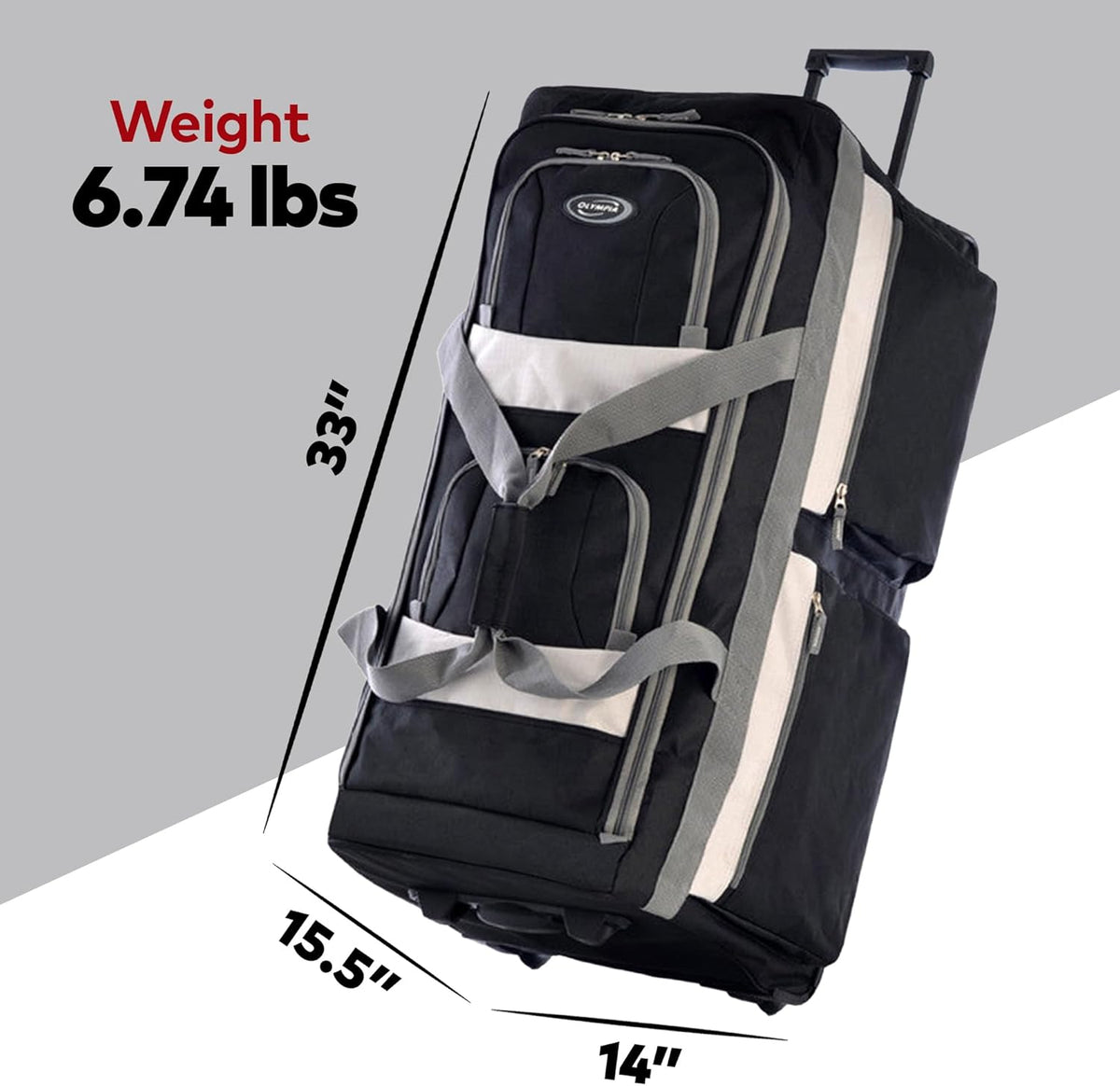 . 29 inch Jumbo Size 8 Pockets Wheeled Rolling Duffel Bag Water Resistant Luggage Lightweight Travel Suitcase with Retractable Handle