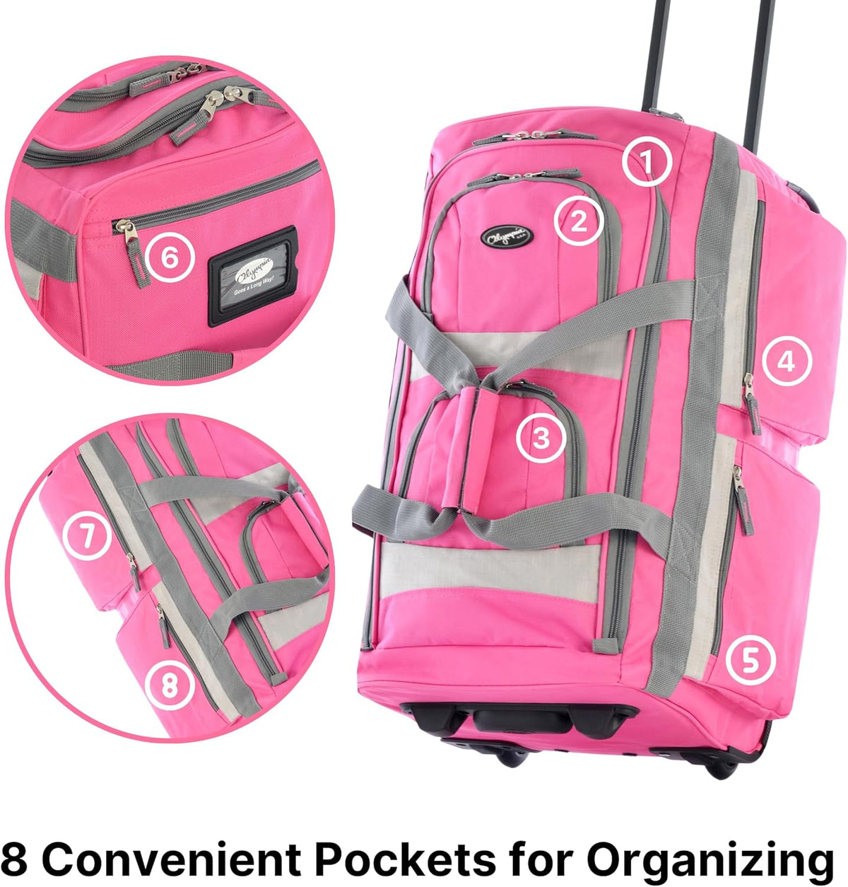 . 29 inch Jumbo Size 8 Pockets Wheeled Rolling Duffel Bag Water Resistant Luggage Lightweight Travel Suitcase with Retractable Handle