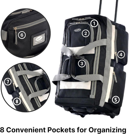 . 29 inch Jumbo Size 8 Pockets Wheeled Rolling Duffel Bag Water Resistant Luggage Lightweight Travel Suitcase with Retractable Handle