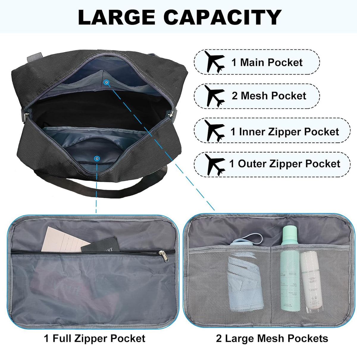 For Spirit Airlines Personal Item Bag 18x14x8 in Underseat Carry-on Luggage foldable Travel Duffle Bag for Airplanes (30L, Navy)