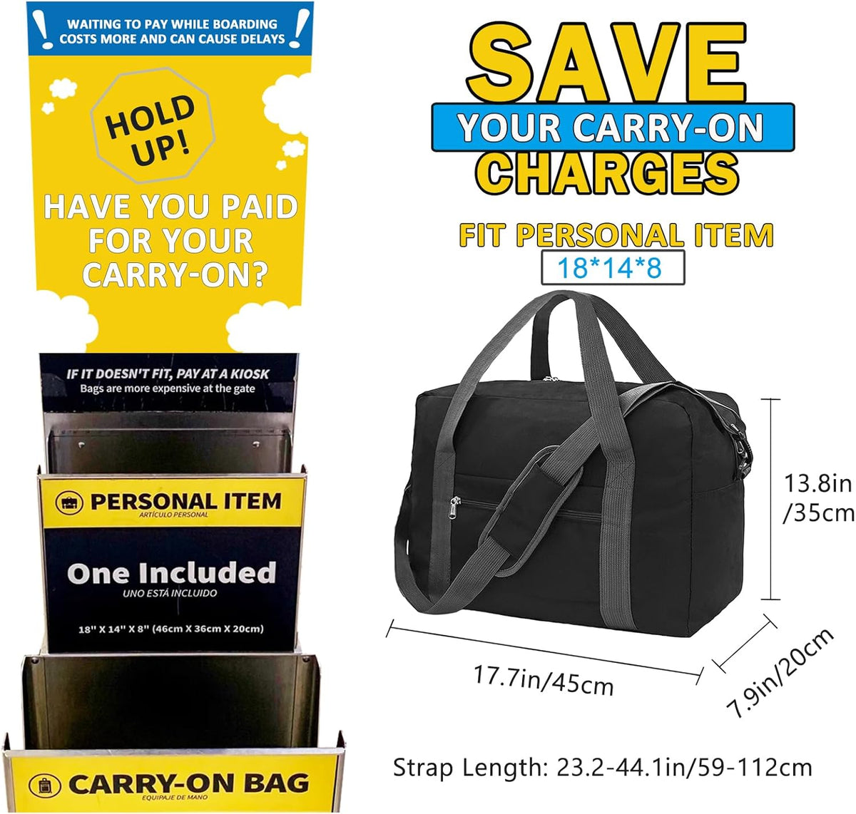 For Spirit Airlines Personal Item Bag 18x14x8 in Underseat Carry-on Luggage foldable Travel Duffle Bag for Airplanes (30L, Navy)