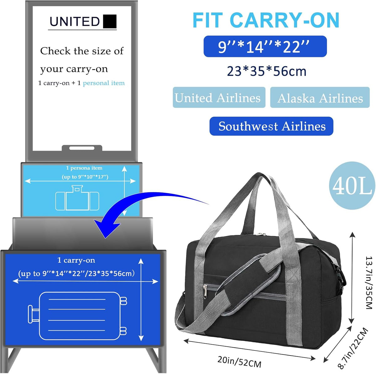 For Spirit Airlines Personal Item Bag 18x14x8 in Underseat Carry-on Luggage foldable Travel Duffle Bag for Airplanes (30L, Navy)