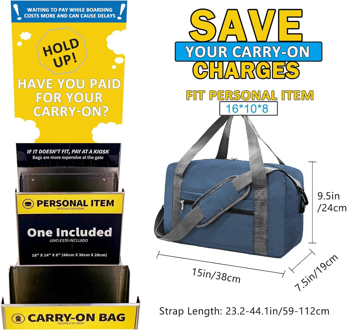 For Spirit Airlines Personal Item Bag 18x14x8 in Underseat Carry-on Luggage foldable Travel Duffle Bag for Airplanes (30L, Navy)
