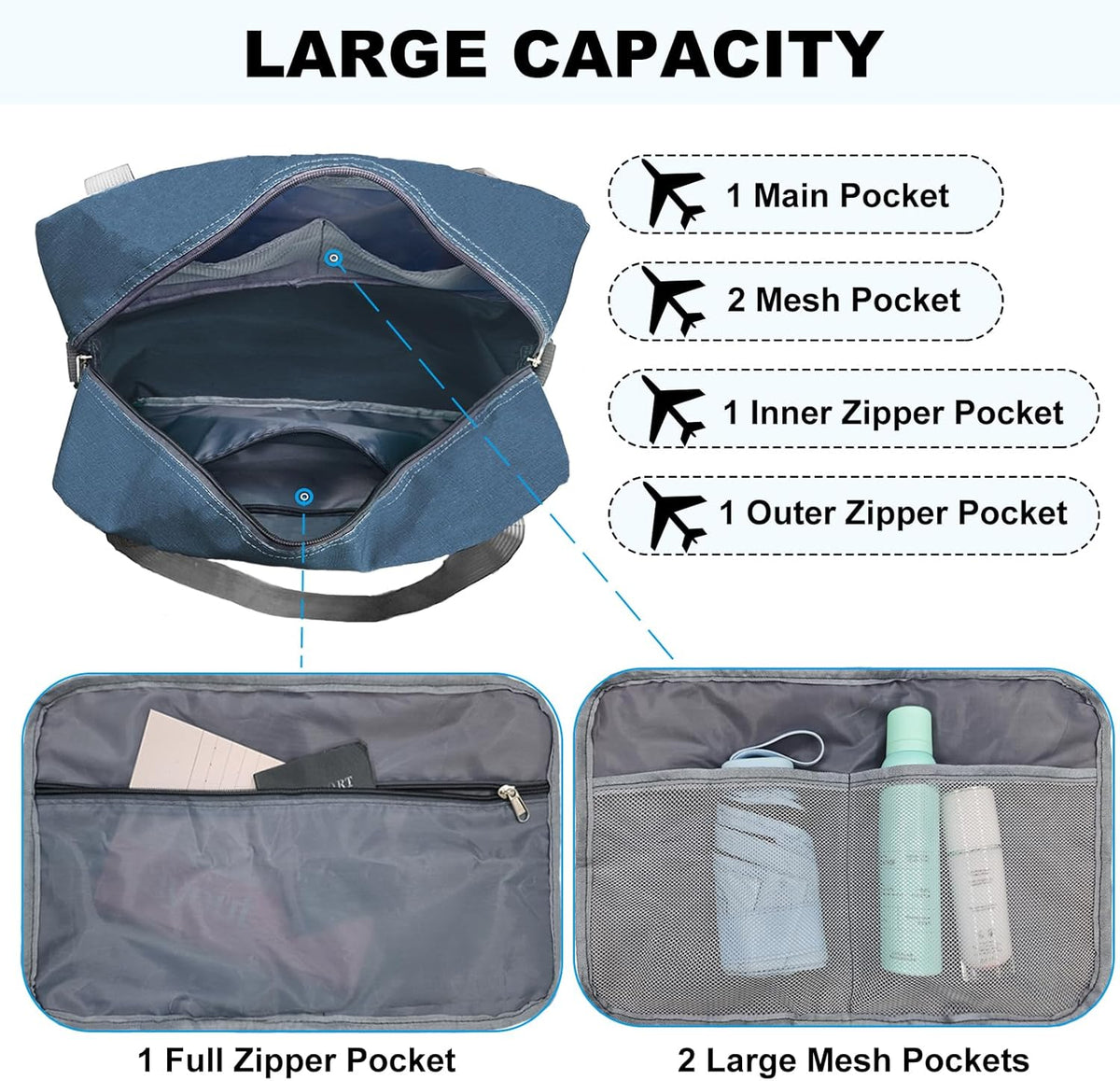 For Spirit Airlines Personal Item Bag 18x14x8 in Underseat Carry-on Luggage foldable Travel Duffle Bag for Airplanes (30L, Navy)