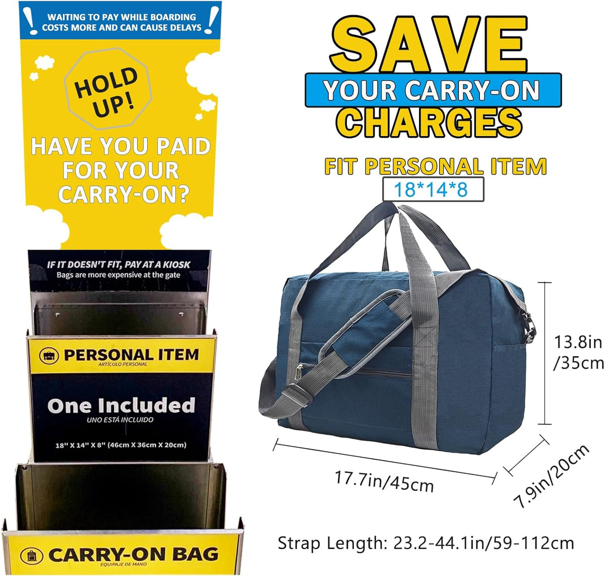 For Spirit Airlines Personal Item Bag 18x14x8 in Underseat Carry-on Luggage foldable Travel Duffle Bag for Airplanes (30L, Navy)