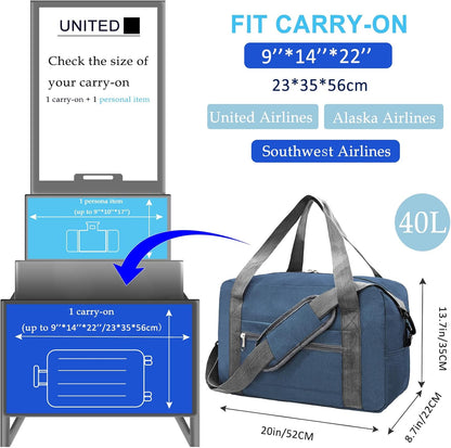 For Spirit Airlines Personal Item Bag 18x14x8 in Underseat Carry-on Luggage foldable Travel Duffle Bag for Airplanes (30L, Navy)