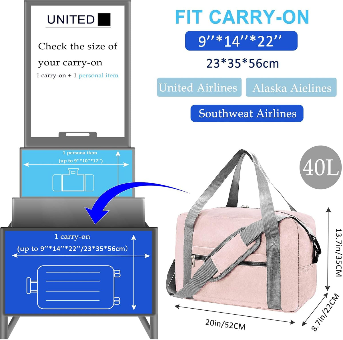 For Spirit Airlines Personal Item Bag 18x14x8 in Underseat Carry-on Luggage foldable Travel Duffle Bag for Airplanes (30L, Navy)