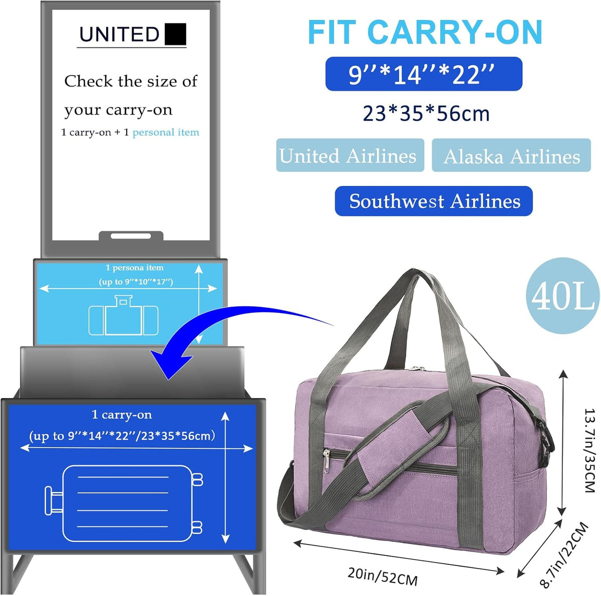 For Spirit Airlines Personal Item Bag 18x14x8 in Underseat Carry-on Luggage foldable Travel Duffle Bag for Airplanes (30L, Navy)