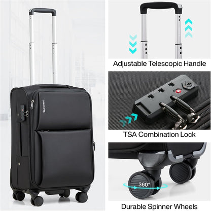 Underseat Carry On Luggage with Wheels, Spinner Small Suitcase, 16-Inch Rolling Under Seat Luggage, Softside Lightweight Carry On Bag for Airplane TSA Travel Personal Item, Black
