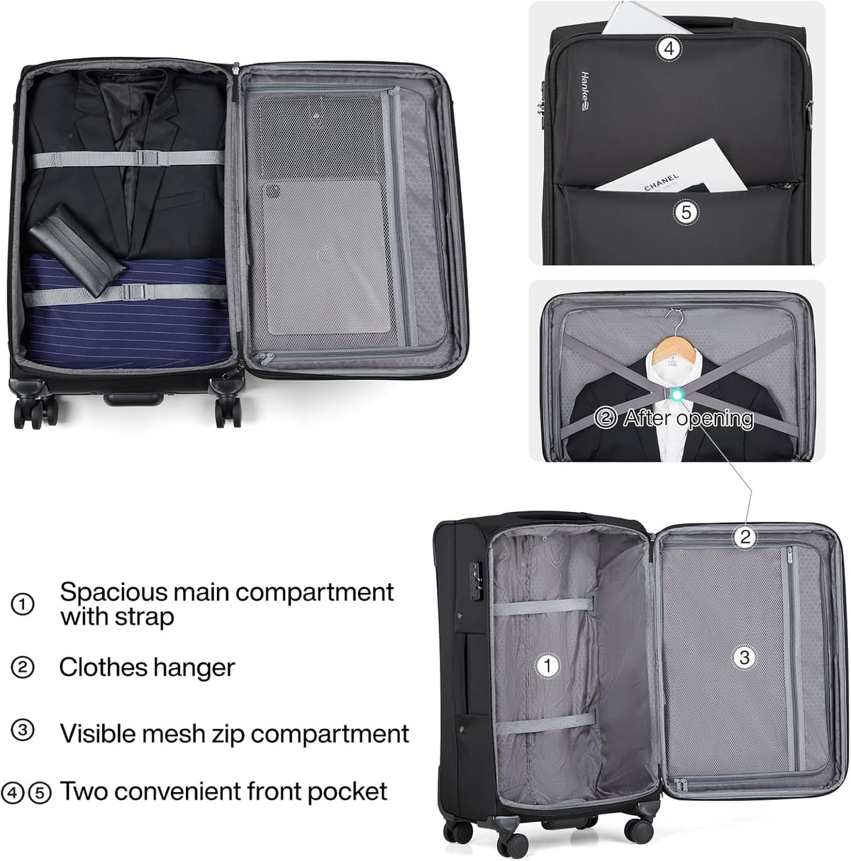 Underseat Carry On Luggage with Wheels, Spinner Small Suitcase, 16-Inch Rolling Under Seat Luggage, Softside Lightweight Carry On Bag for Airplane TSA Travel Personal Item, Black