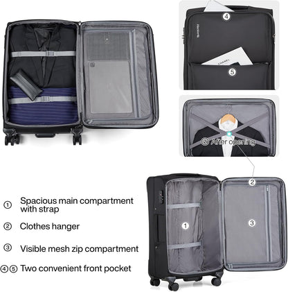 Underseat Carry On Luggage with Wheels, Spinner Small Suitcase, 16-Inch Rolling Under Seat Luggage, Softside Lightweight Carry On Bag for Airplane TSA Travel Personal Item, Black