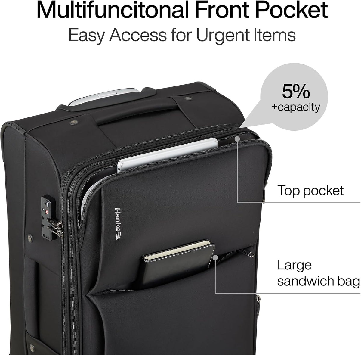 Underseat Carry On Luggage with Wheels, Spinner Small Suitcase, 16-Inch Rolling Under Seat Luggage, Softside Lightweight Carry On Bag for Airplane TSA Travel Personal Item, Black
