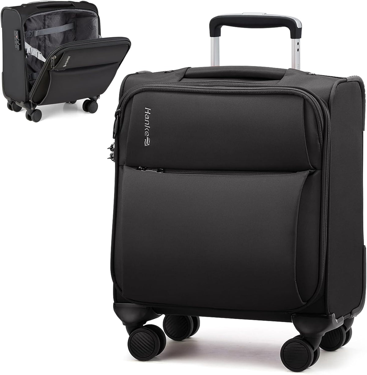 Underseat Carry On Luggage with Wheels, Spinner Small Suitcase, 16-Inch Rolling Under Seat Luggage, Softside Lightweight Carry On Bag for Airplane TSA Travel Personal Item, Black
