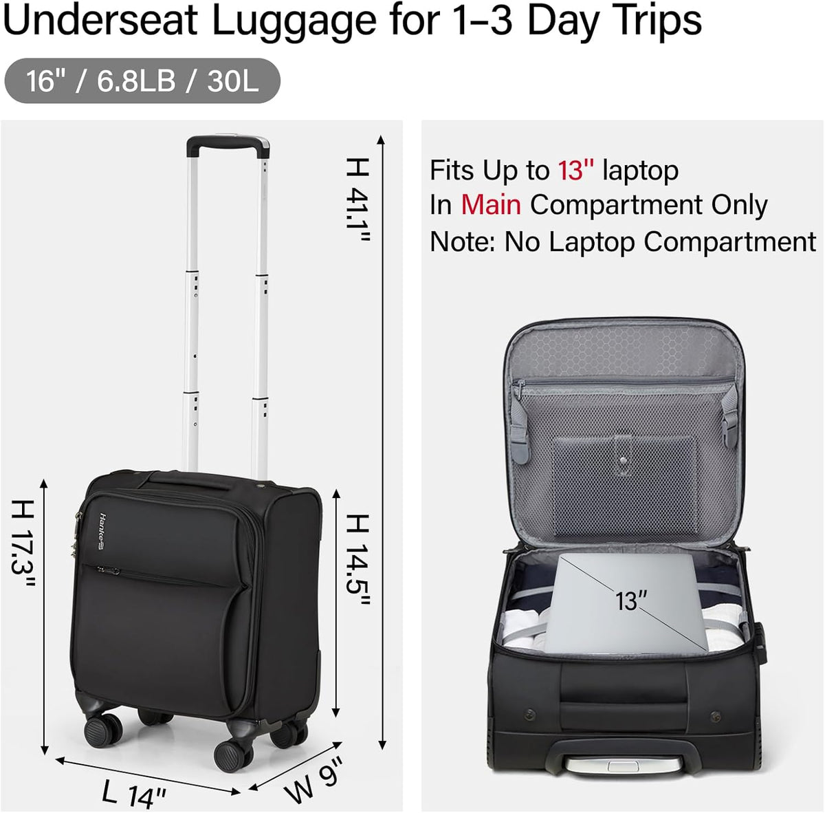 Underseat Carry On Luggage with Wheels, Spinner Small Suitcase, 16-Inch Rolling Under Seat Luggage, Softside Lightweight Carry On Bag for Airplane TSA Travel Personal Item, Black