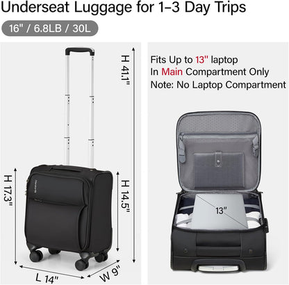Underseat Carry On Luggage with Wheels, Spinner Small Suitcase, 16-Inch Rolling Under Seat Luggage, Softside Lightweight Carry On Bag for Airplane TSA Travel Personal Item, Black