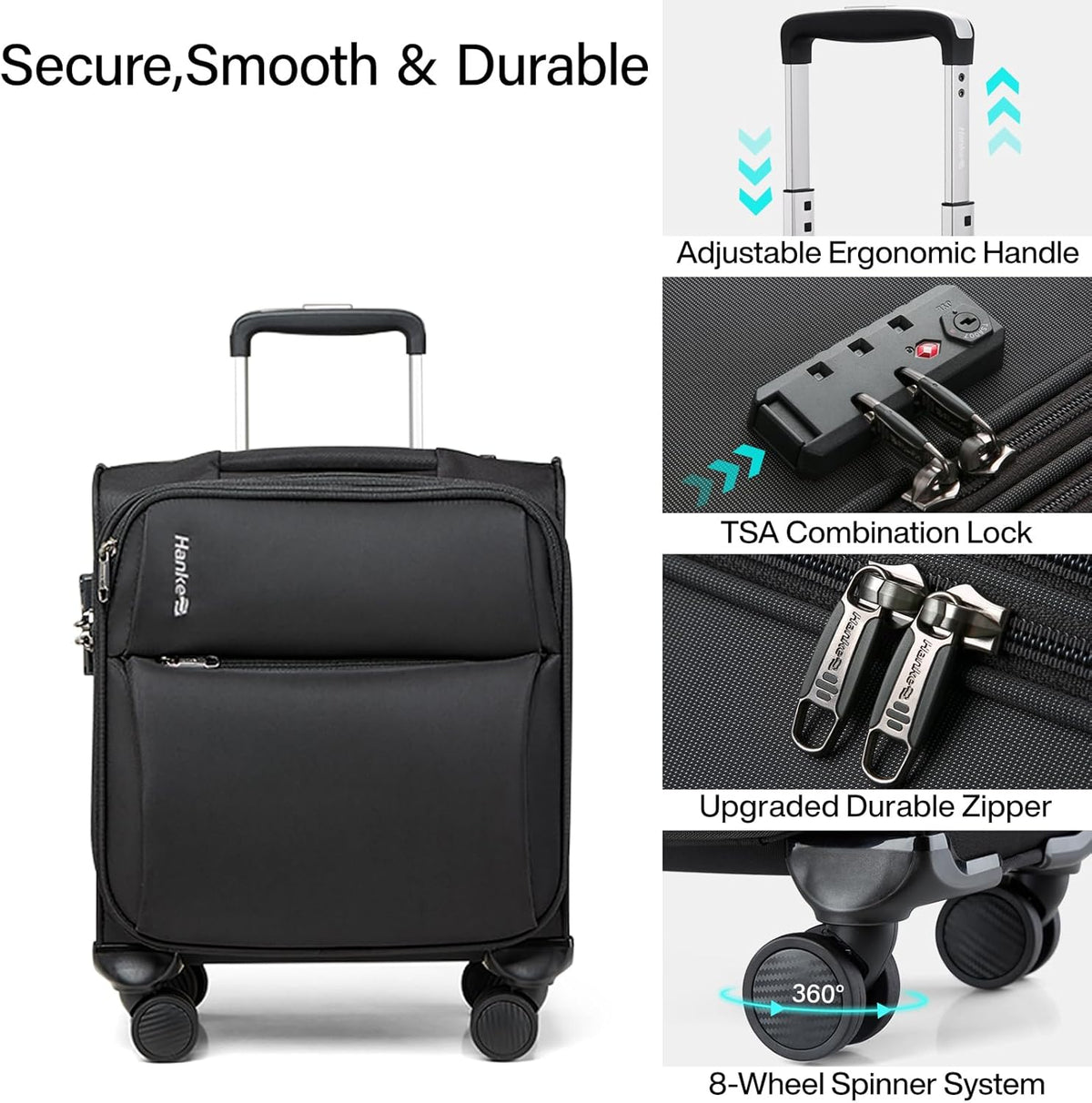 Underseat Carry On Luggage with Wheels, Spinner Small Suitcase, 16-Inch Rolling Under Seat Luggage, Softside Lightweight Carry On Bag for Airplane TSA Travel Personal Item, Black