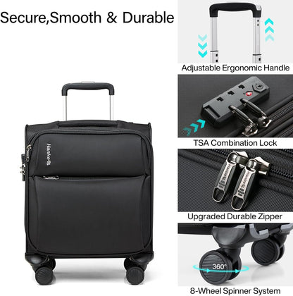 Underseat Carry On Luggage with Wheels, Spinner Small Suitcase, 16-Inch Rolling Under Seat Luggage, Softside Lightweight Carry On Bag for Airplane TSA Travel Personal Item, Black