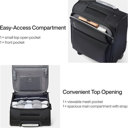Underseat Carry On Luggage with Wheels, Spinner Small Suitcase, 16-Inch Rolling Under Seat Luggage, Softside Lightweight Carry On Bag for Airplane TSA Travel Personal Item, Black