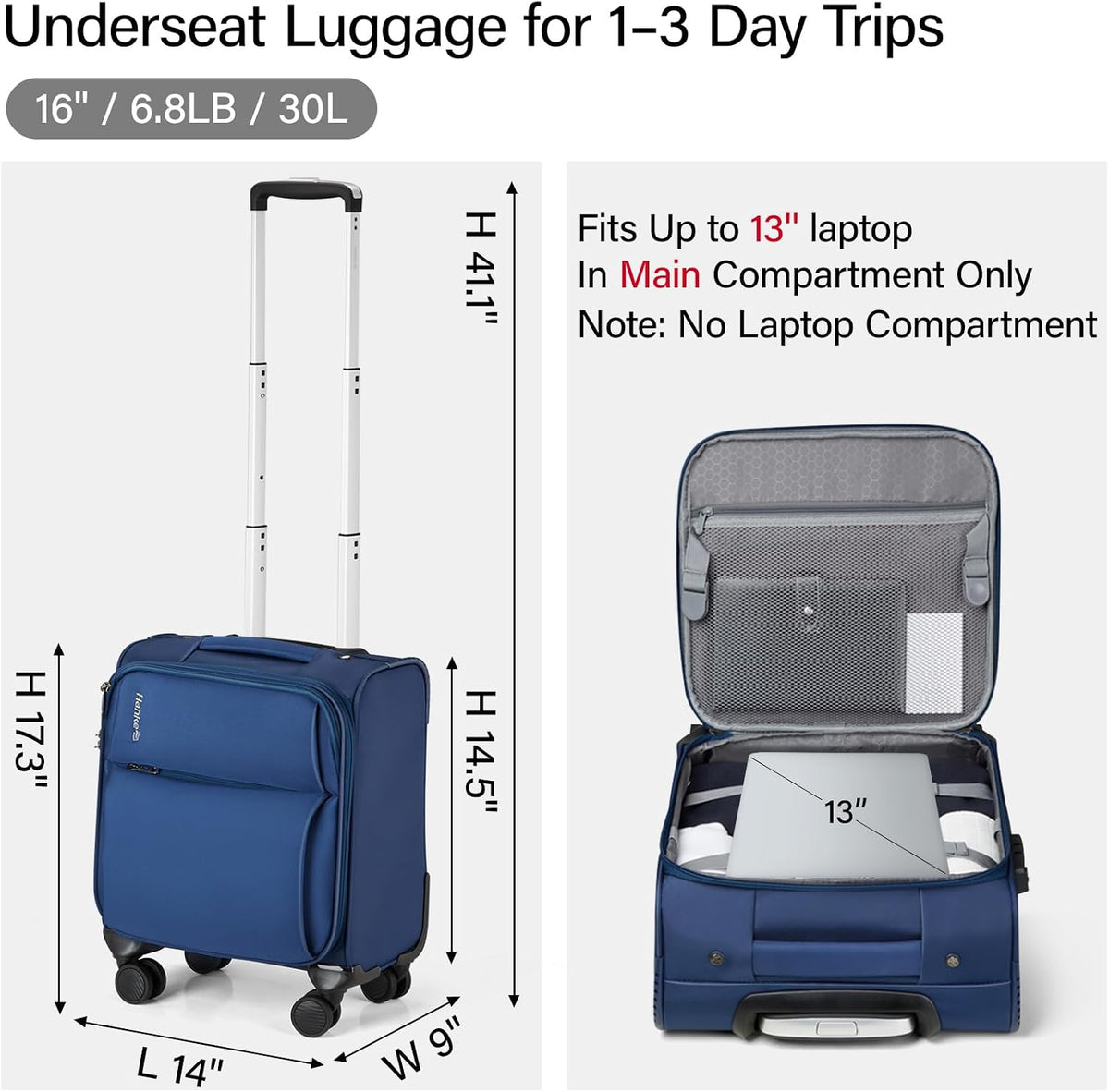 Underseat Carry On Luggage with Wheels, Spinner Small Suitcase, 16-Inch Rolling Under Seat Luggage, Softside Lightweight Carry On Bag for Airplane TSA Travel Personal Item, Black