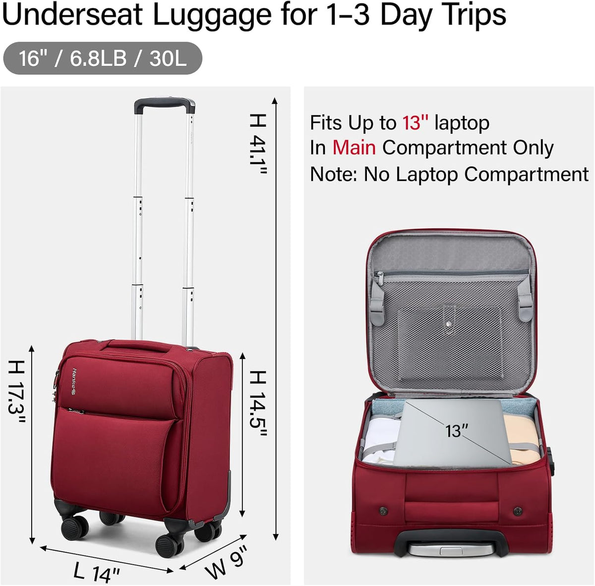 Underseat Carry On Luggage with Wheels, Spinner Small Suitcase, 16-Inch Rolling Under Seat Luggage, Softside Lightweight Carry On Bag for Airplane TSA Travel Personal Item, Black