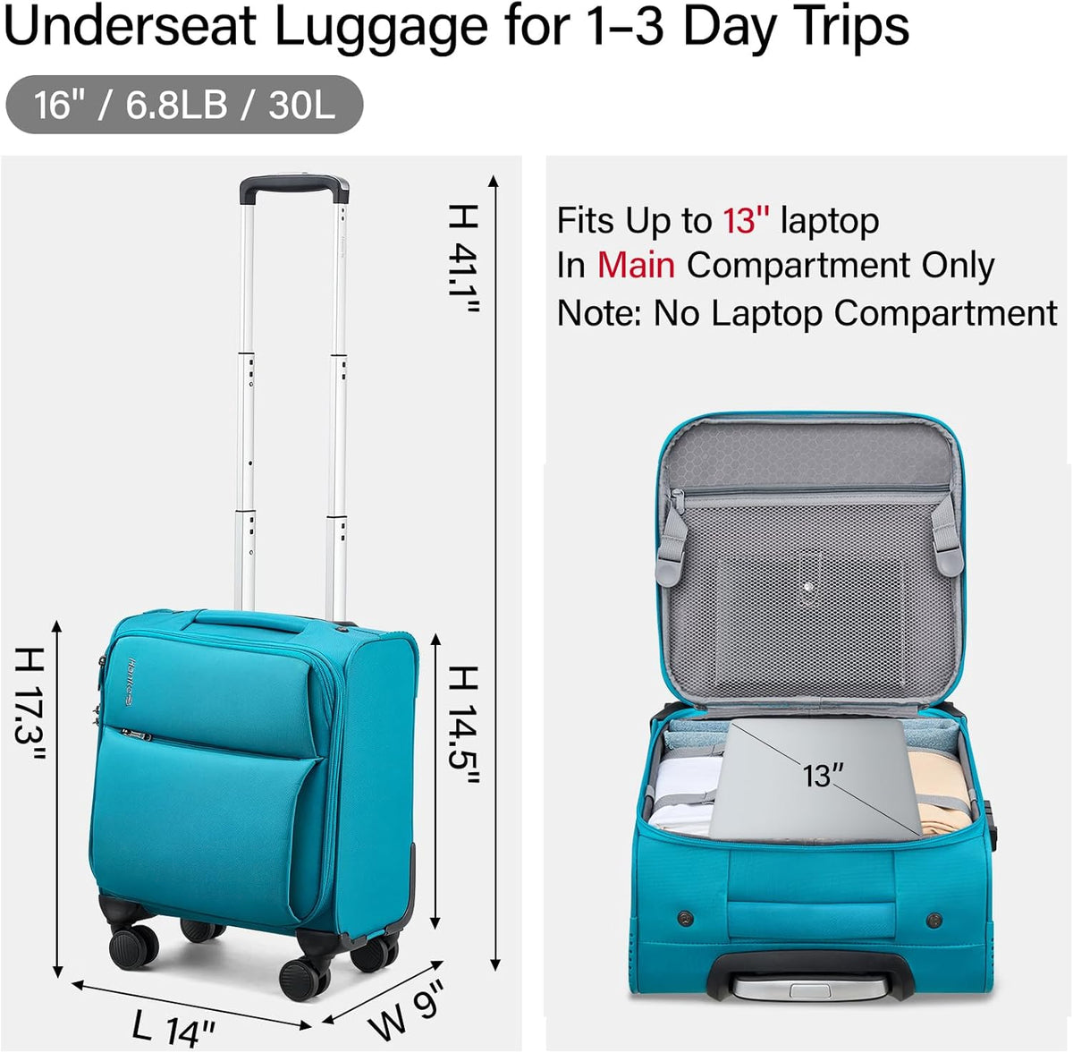 Underseat Carry On Luggage with Wheels, Spinner Small Suitcase, 16-Inch Rolling Under Seat Luggage, Softside Lightweight Carry On Bag for Airplane TSA Travel Personal Item, Black