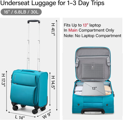 Underseat Carry On Luggage with Wheels, Spinner Small Suitcase, 16-Inch Rolling Under Seat Luggage, Softside Lightweight Carry On Bag for Airplane TSA Travel Personal Item, Black