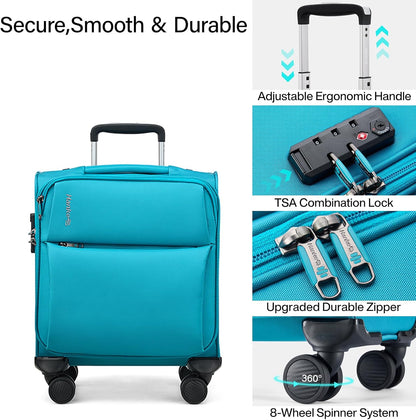 Underseat Carry On Luggage with Wheels, Spinner Small Suitcase, 16-Inch Rolling Under Seat Luggage, Softside Lightweight Carry On Bag for Airplane TSA Travel Personal Item, Black