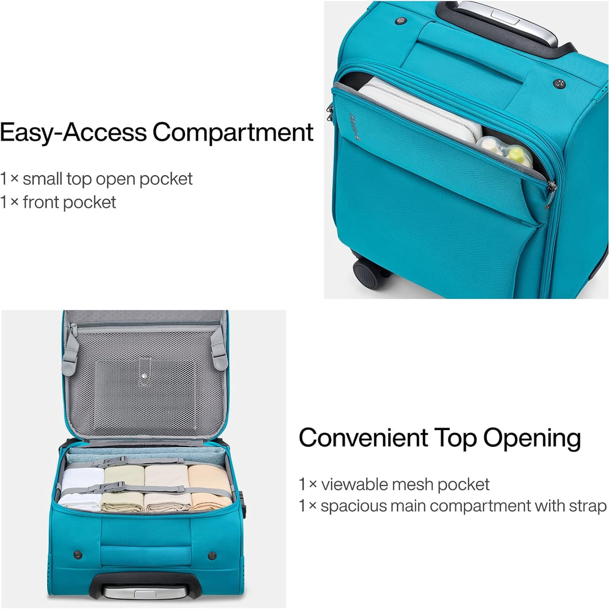 Underseat Carry On Luggage with Wheels, Spinner Small Suitcase, 16-Inch Rolling Under Seat Luggage, Softside Lightweight Carry On Bag for Airplane TSA Travel Personal Item, Black