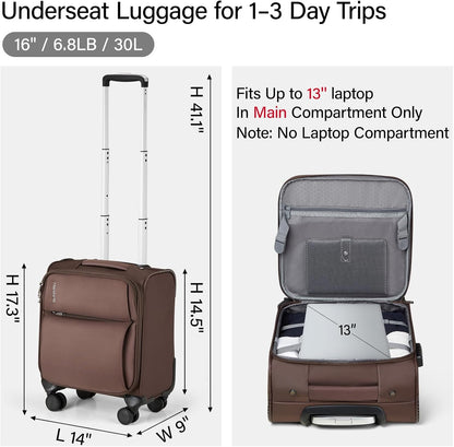 Underseat Carry On Luggage with Wheels, Spinner Small Suitcase, 16-Inch Rolling Under Seat Luggage, Softside Lightweight Carry On Bag for Airplane TSA Travel Personal Item, Black