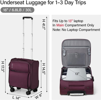 Underseat Carry On Luggage with Wheels, Spinner Small Suitcase, 16-Inch Rolling Under Seat Luggage, Softside Lightweight Carry On Bag for Airplane TSA Travel Personal Item, Black
