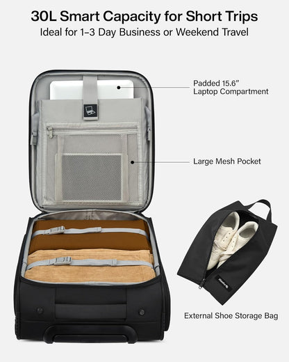 Underseat Carry On Luggage with Wheels, Spinner Small Suitcase, 16-Inch Rolling Under Seat Luggage, Softside Lightweight Carry On Bag for Airplane TSA Travel Personal Item, Black