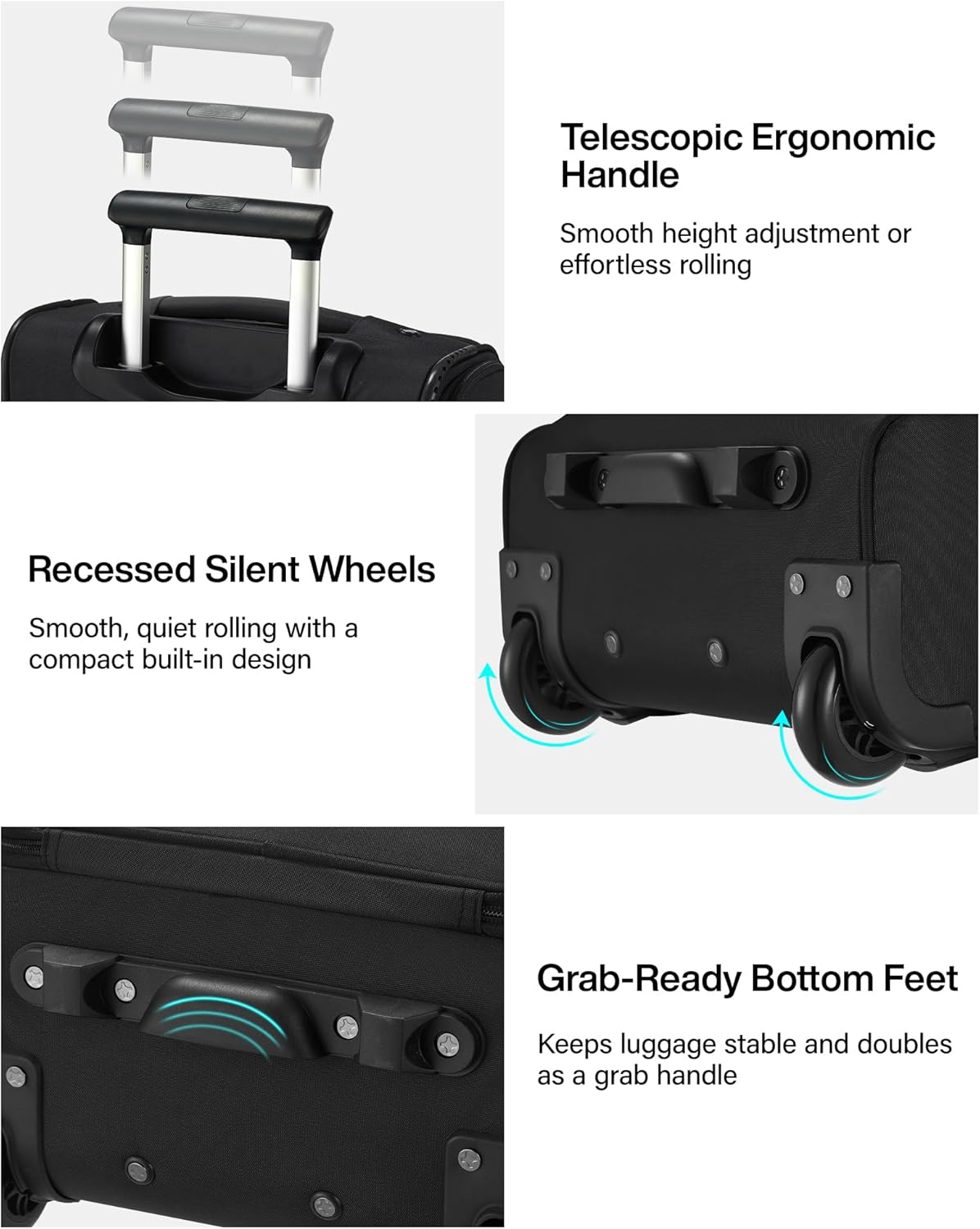 Underseat Carry On Luggage with Wheels, Spinner Small Suitcase, 16-Inch Rolling Under Seat Luggage, Softside Lightweight Carry On Bag for Airplane TSA Travel Personal Item, Black