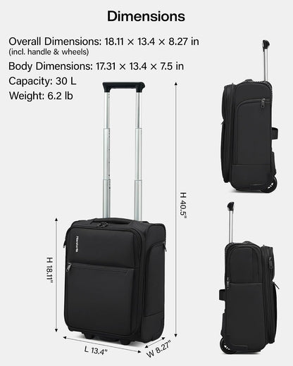 Underseat Carry On Luggage with Wheels, Spinner Small Suitcase, 16-Inch Rolling Under Seat Luggage, Softside Lightweight Carry On Bag for Airplane TSA Travel Personal Item, Black