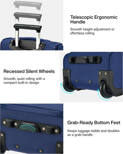 Underseat Carry On Luggage with Wheels, Spinner Small Suitcase, 16-Inch Rolling Under Seat Luggage, Softside Lightweight Carry On Bag for Airplane TSA Travel Personal Item, Black