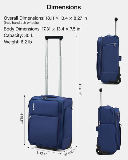 Underseat Carry On Luggage with Wheels, Spinner Small Suitcase, 16-Inch Rolling Under Seat Luggage, Softside Lightweight Carry On Bag for Airplane TSA Travel Personal Item, Black