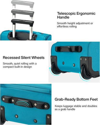 Underseat Carry On Luggage with Wheels, Spinner Small Suitcase, 16-Inch Rolling Under Seat Luggage, Softside Lightweight Carry On Bag for Airplane TSA Travel Personal Item, Black