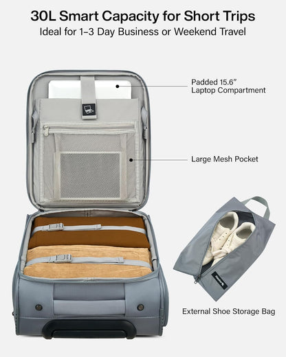 Underseat Carry On Luggage with Wheels, Spinner Small Suitcase, 16-Inch Rolling Under Seat Luggage, Softside Lightweight Carry On Bag for Airplane TSA Travel Personal Item, Black