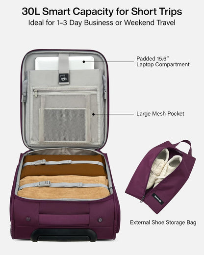 Underseat Carry On Luggage with Wheels, Spinner Small Suitcase, 16-Inch Rolling Under Seat Luggage, Softside Lightweight Carry On Bag for Airplane TSA Travel Personal Item, Black