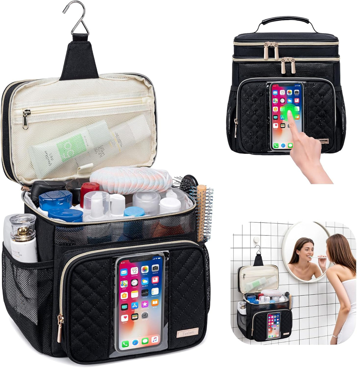 Large Leather Toiletry Bag for Women Men,Bathroom Bag,Water Resistant Shower Bag,Makeup Bag,Portable Shower Caddy for College Dorm,Hanging Travel Toiletry Bag with Transparent Waterproof Phone Pocket