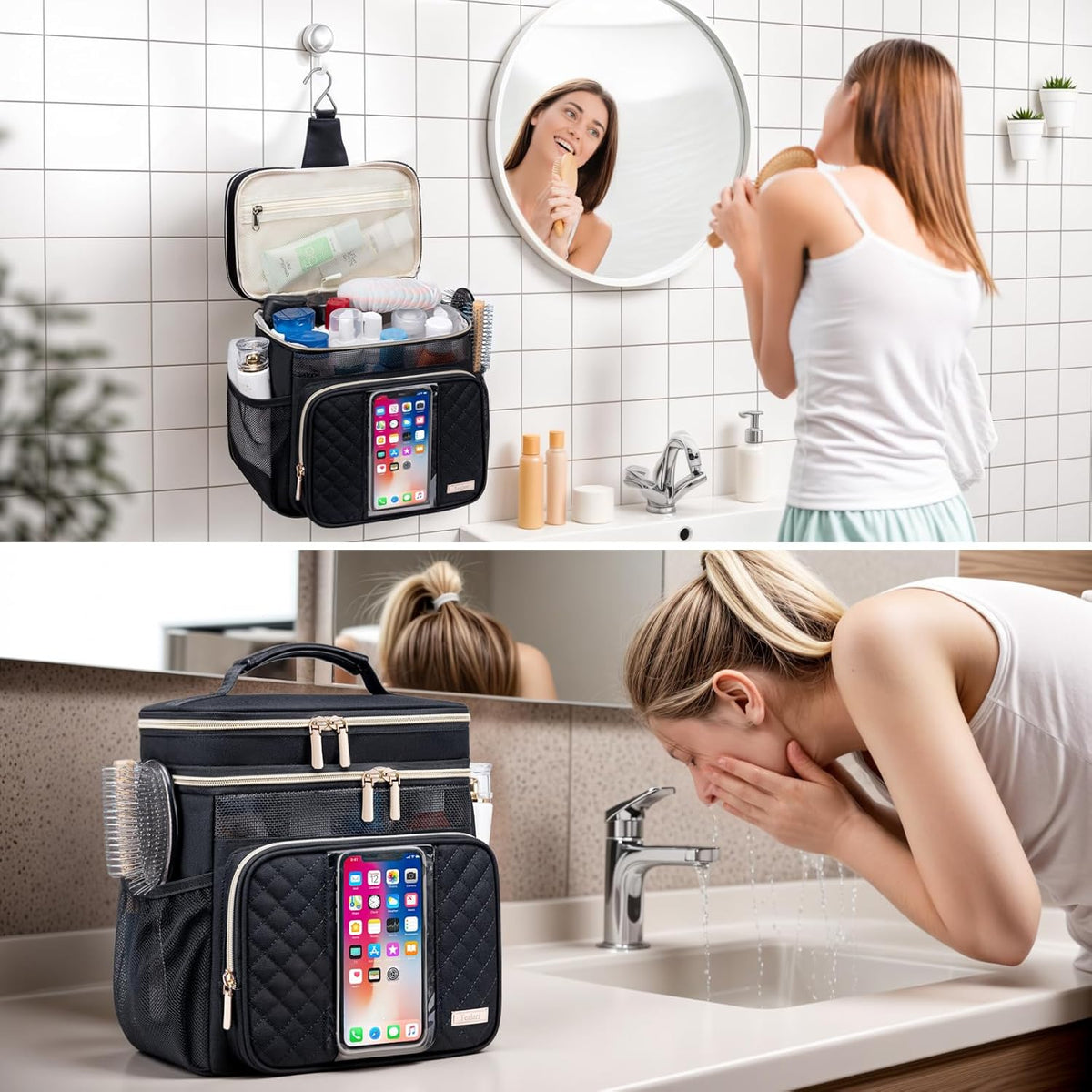 Large Leather Toiletry Bag for Women Men,Bathroom Bag,Water Resistant Shower Bag,Makeup Bag,Portable Shower Caddy for College Dorm,Hanging Travel Toiletry Bag with Transparent Waterproof Phone Pocket