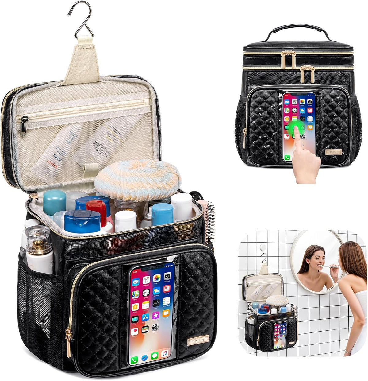 Large Leather Toiletry Bag for Women Men,Bathroom Bag,Water Resistant Shower Bag,Makeup Bag,Portable Shower Caddy for College Dorm,Hanging Travel Toiletry Bag with Transparent Waterproof Phone Pocket