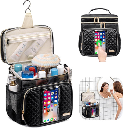 Large Leather Toiletry Bag for Women Men,Bathroom Bag,Water Resistant Shower Bag,Makeup Bag,Portable Shower Caddy for College Dorm,Hanging Travel Toiletry Bag with Transparent Waterproof Phone Pocket